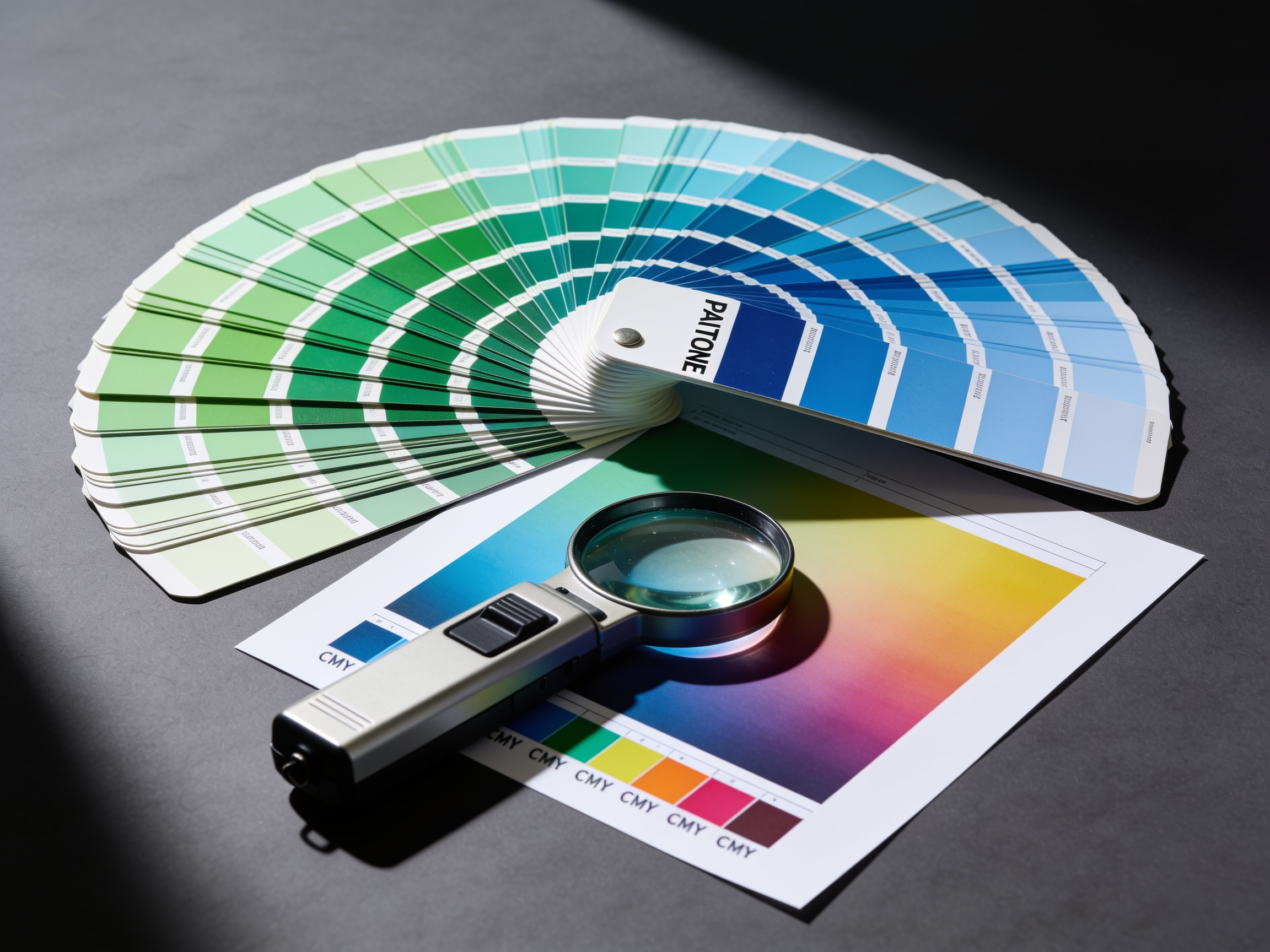 A fan deck of colour chips opened into an arc over a printed proof with a CMYK control bar and a loupe.